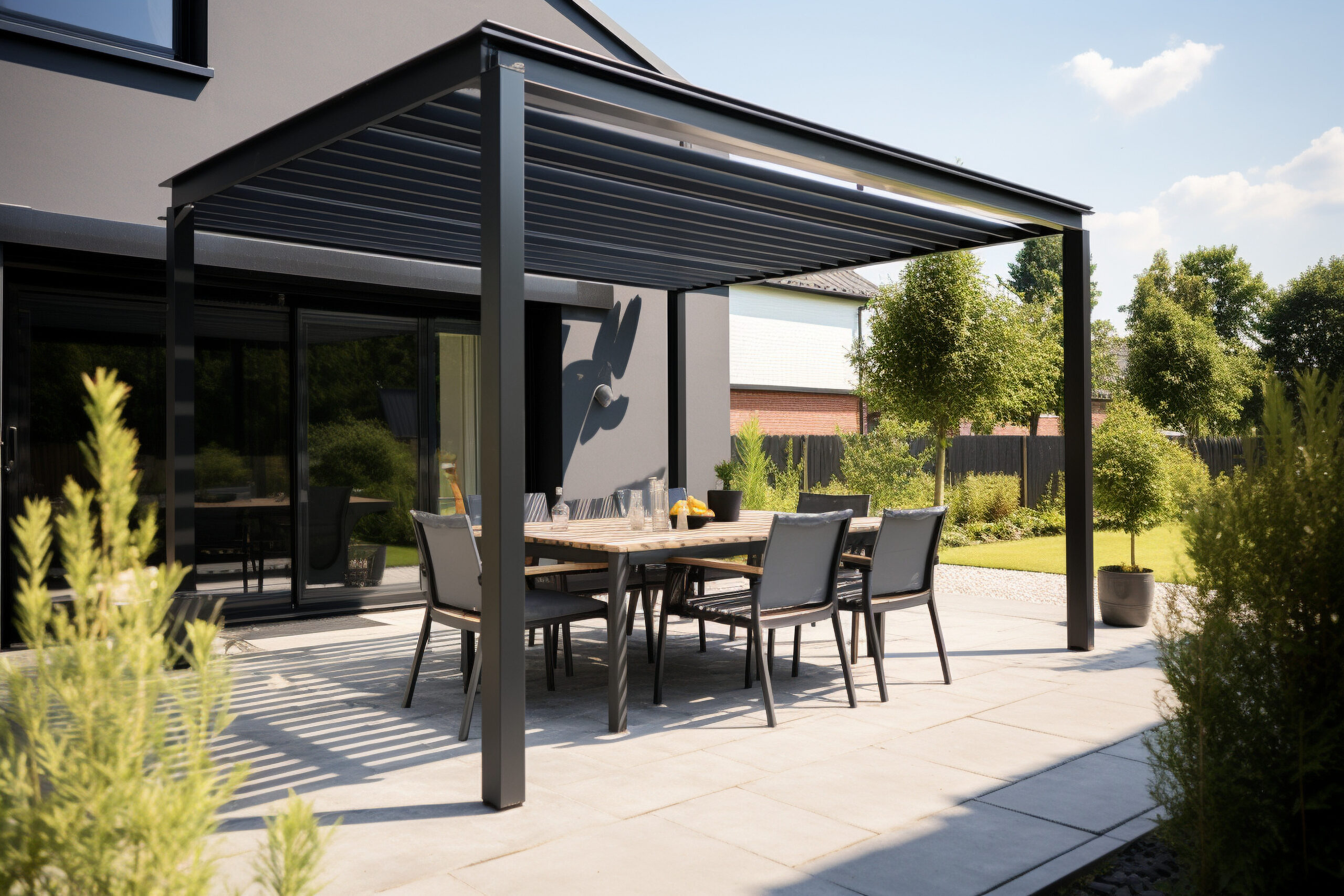 Cozy patio with sofas and a table. Pergola shade over patio.